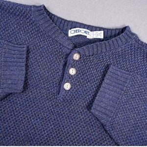 Vintage Cherokee USA Chunky Knit Fisherman Mens L Blue Henley Sweater Pullover